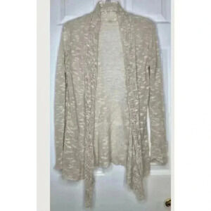 EILEEN FISHER tan Beige Linen Blend Open Knit L/s Cardigan Sweater Petite Small